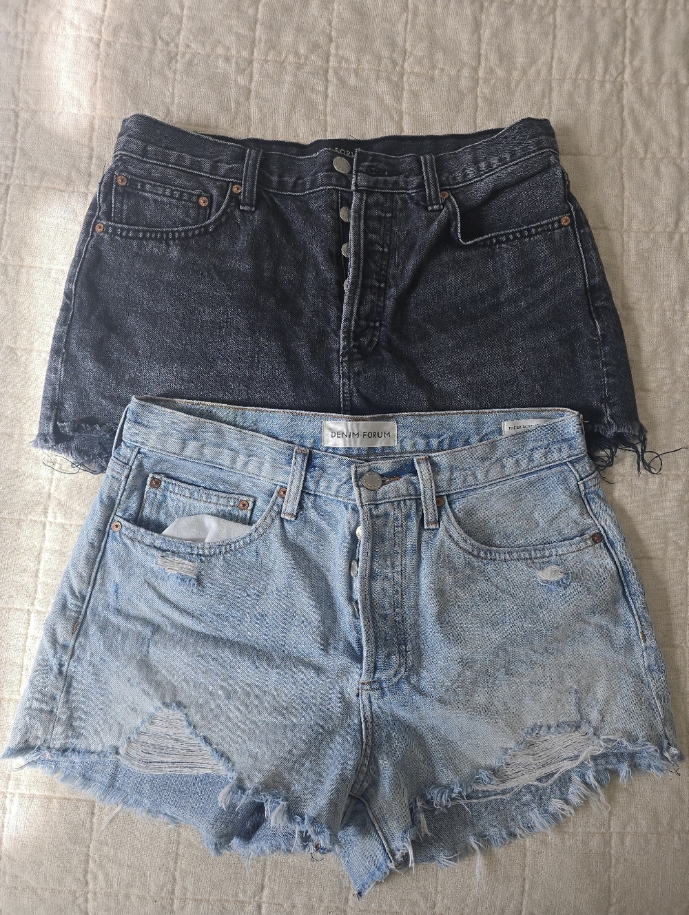 Denim Forum Two-Pair Distressed Denim Shorts in Light Blue & Black